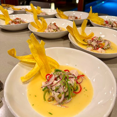 Fish ceviche with plantain chips, plated for a dinner in a villa in Guanacaste